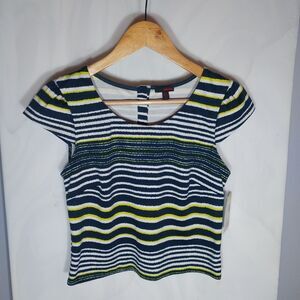 Bongo NWT Juniors Crop Top M Striped Button Back Stretch Navy Citron Y2K